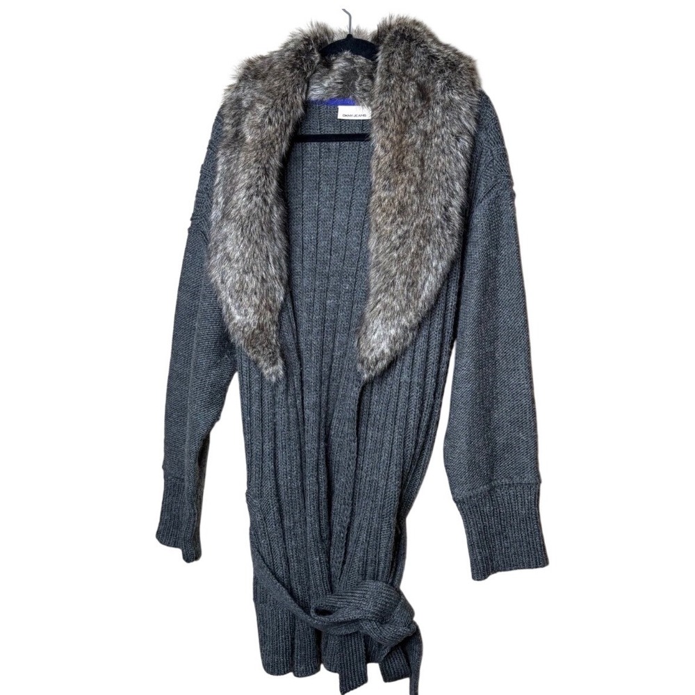 DKNY Jeans Gray Ribbed Knit Faux Fur Collar Belted Cardigan Sweater 22/24W